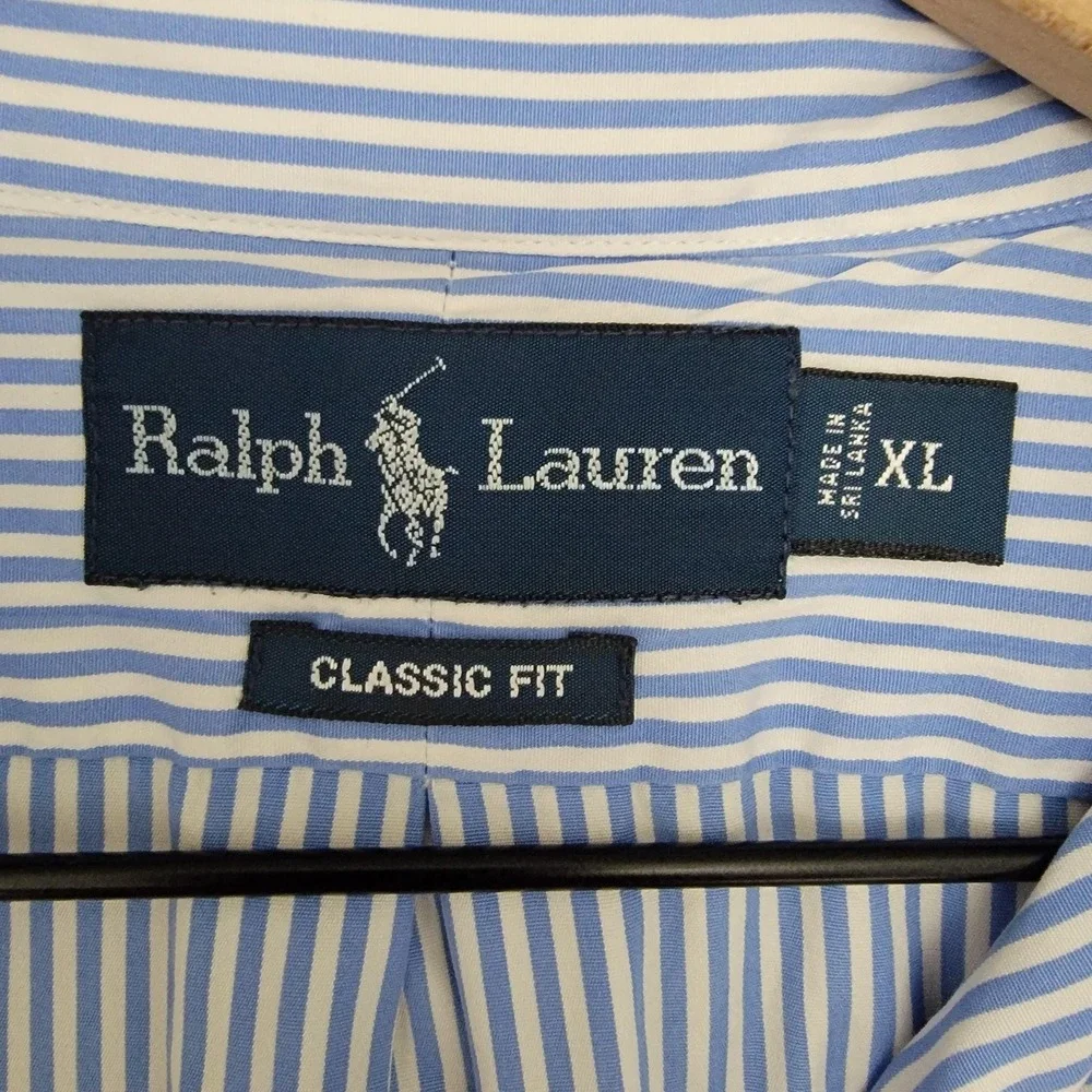 Ralph Lauren Shirt Mens XL Blue White Stripe Short‎ Sleeve Classic Yellow Pony